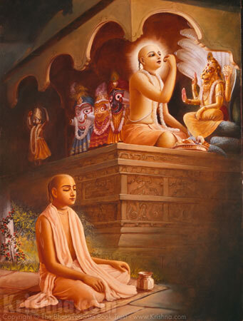 Traditional devotional painting of a devotee bowing in humility before an elevated Vaishnava seated with Deities in the background, evoking Shivananda Sena's own repeated humility toward Sri Chaitanya Mahaprabhu and Nityananda Prabhu.