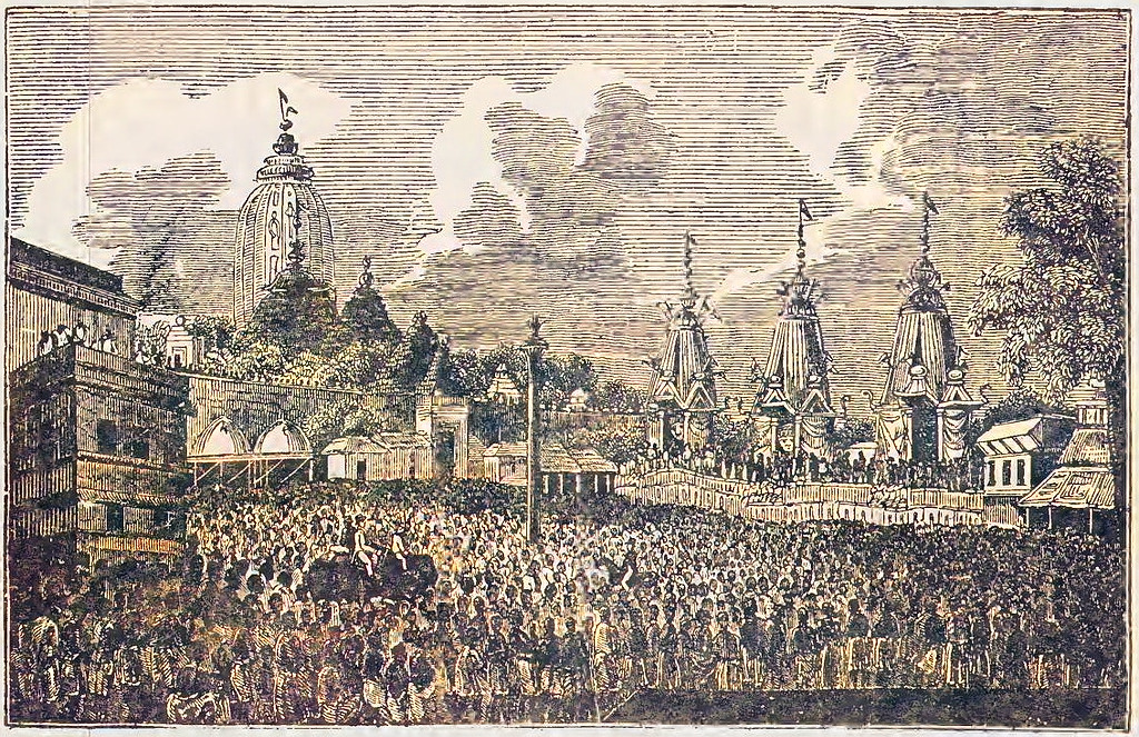 An 1895 engraving of the crowded Ratha-yatra festival grounds at Jagannatha Temple, Puri, illustrating the scale of the annual gathering Shivananda Sena's Bengali pilgrims joined each year.