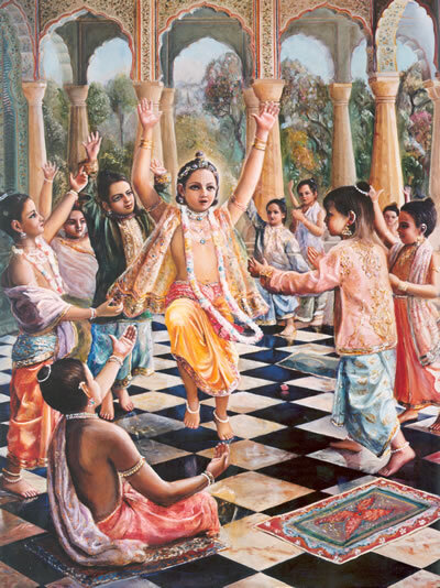 Traditional devotional painting of young Krishna dancing in rasa-lila with the gopis of Vrindavana, evoking the subject of Kavi-karnapura's very first composed verse, which glorified Krishna as the ornament of the Vraja damsels.