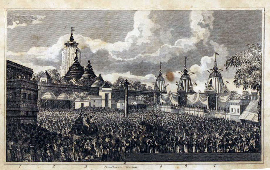 An 1833 engraving of Ratha-yatra at the Jagannatha Temple, Puri, from the book 'A Narrative of the Mission to Orissa' — closing image representing the pilgrimage tradition that outlasted Shivananda Sena's own lifetime.