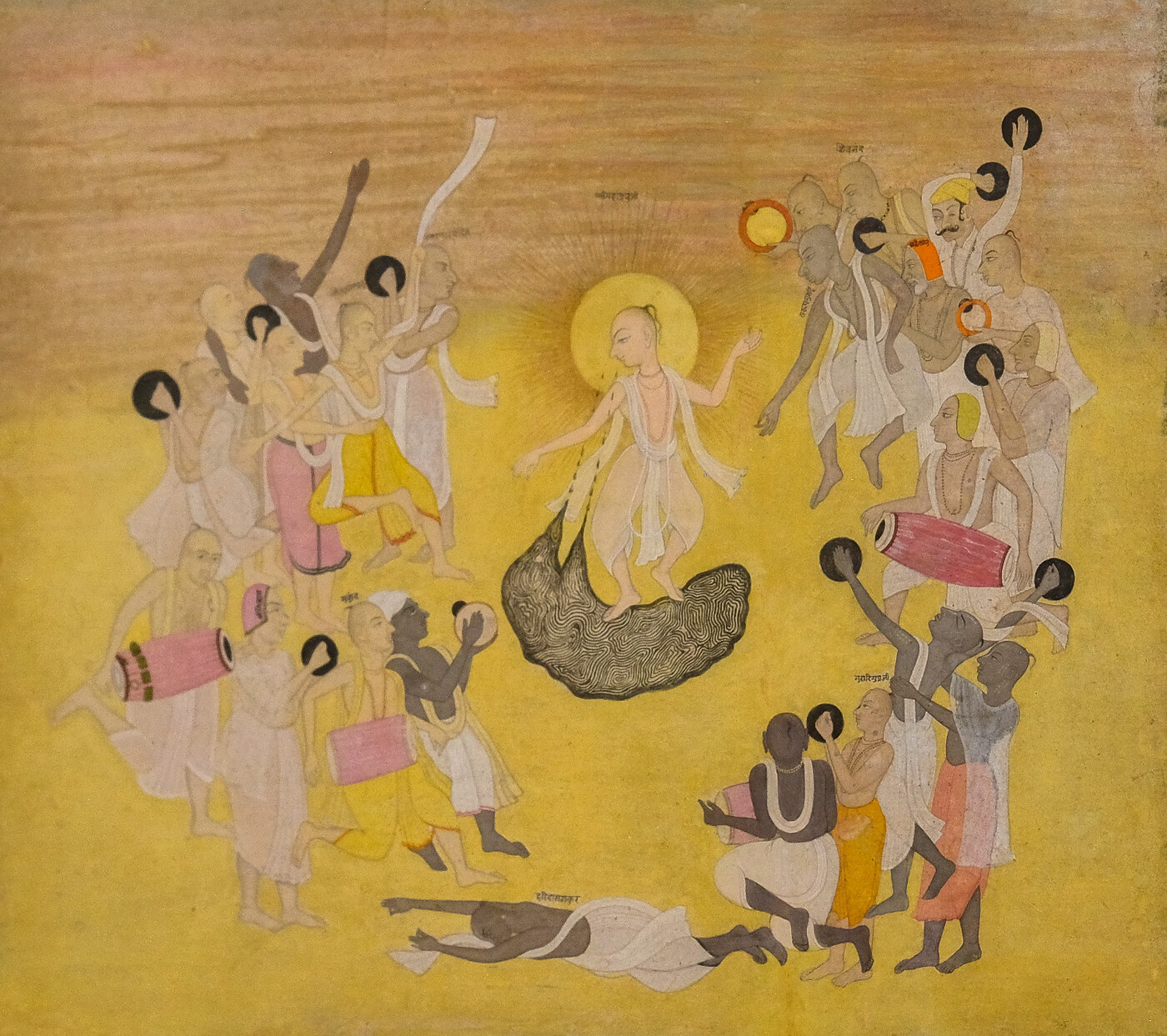 A circa-1750 Kishangarh painting of Sri Chaitanya Mahaprabhu amid a circle of devotees -- used here as a general illustration of the kind of gathering of Vaishnavas Shrikanta was asked to describe to the Lord one by one.