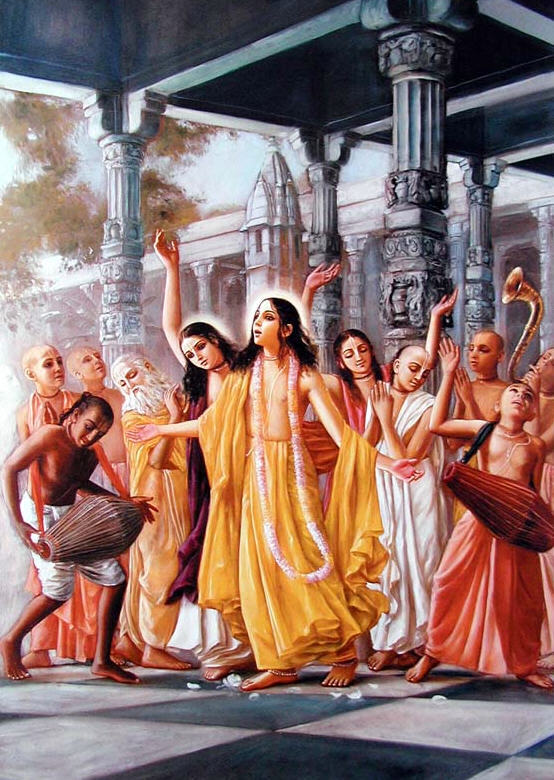 Traditional devotional painting captioned by its source as "Sankirtana in Shrivas Thakur's house" — Sri Chaitanya Mahaprabhu dancing in ecstasy under a courtyard colonnade, with a mridanga player and associates with hands raised, illustrati