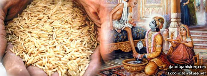 Traditional painting of Krishna washing the feet of His poor brahmana friend Sudama in Dwaraka, paired with a handful of raw rice grains — the comparison Mahaprabhu Himself drew when He called Shuklambara Brahmachari His Sudama.