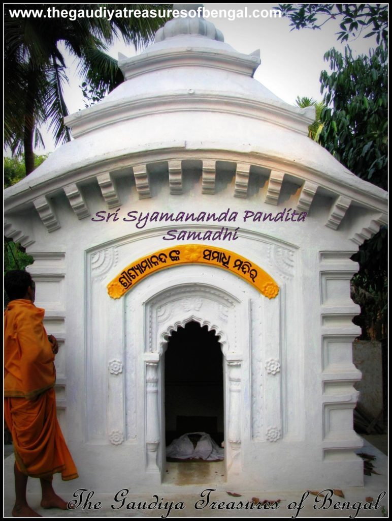 The white samadhi mandir of Sri Shyamananda Pandit at Kanupur, near Balasore, Odisha, with a devotee offering respects at its entrance.