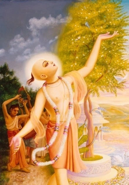 Painting of Sri Chaitanya Mahaprabhu dancing in ecstasy with one arm raised, while devotees chant beside Him.
