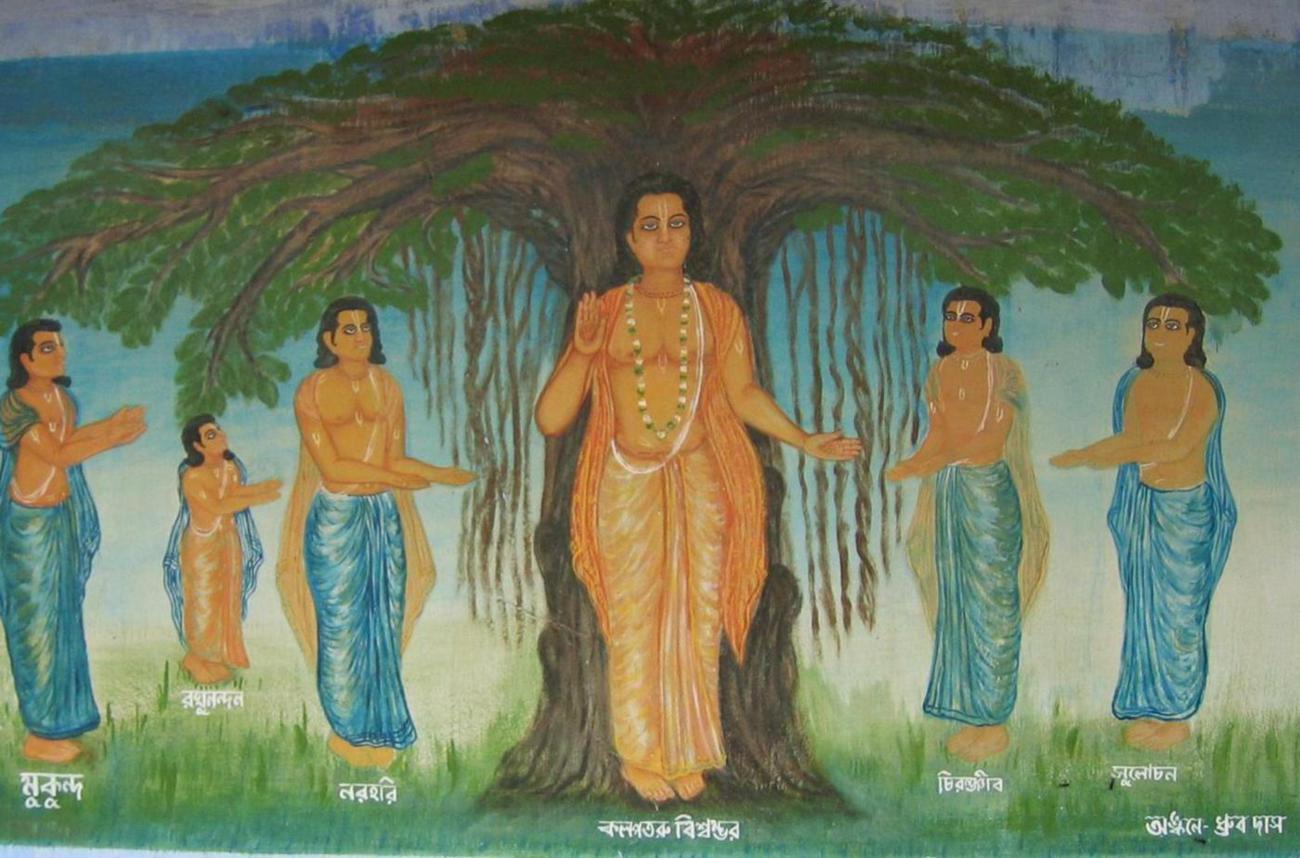 Traditional Bengali devotional painting captioned 'Krpataru Vishvambhara' (Vishvambhara, the tree of mercy), showing Sri Chaitanya Mahaprabhu with five of the Srikhanda devotees named beside Him in Bengali script: Mukunda, Raghunandan, Nara