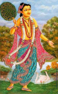 Traditional devotional portrait of Sundarananda Thakura in his identity as Sudama Gopa, one of the twelve cowherd-boy companions of Krishna in Vrindavana.