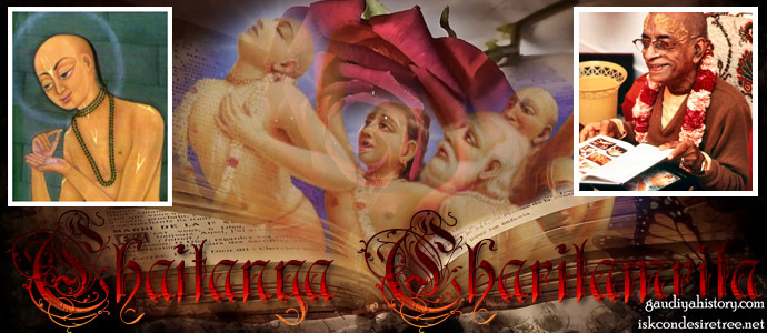 Composite devotional wallpaper: a traditional painting of a shaven-headed brahmachari counting beads, beside the title lettering of Sri Chaitanya-charitamrita and a photograph of Srila Prabhupada reading from a book.