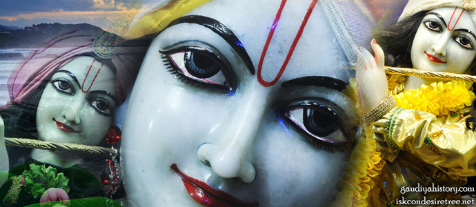 Devotional collage with a close-up Deity face flanked by devotional figures, evoking the intense inner moods Svarupa Damodara alone could read and respond to.