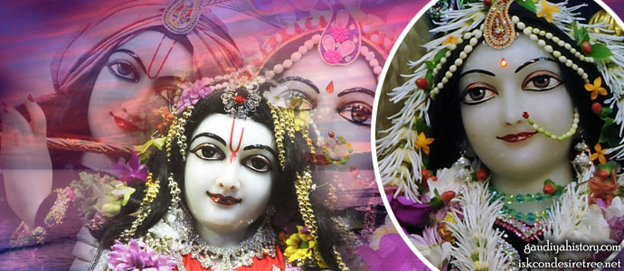 Devotional collage: a close-up Deity image identified in the source as Vishakha-devi, set against a soft-focus background of three gopi faces, illustrating the sakhi identity discussed on this page.