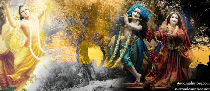 Devotional collage of mridanga and kartal players in kirtan, beside a Krishna Deity holding a flute, evoking the oral and devotional tradition that carried Svarupa Damodara's kadacha forward.
