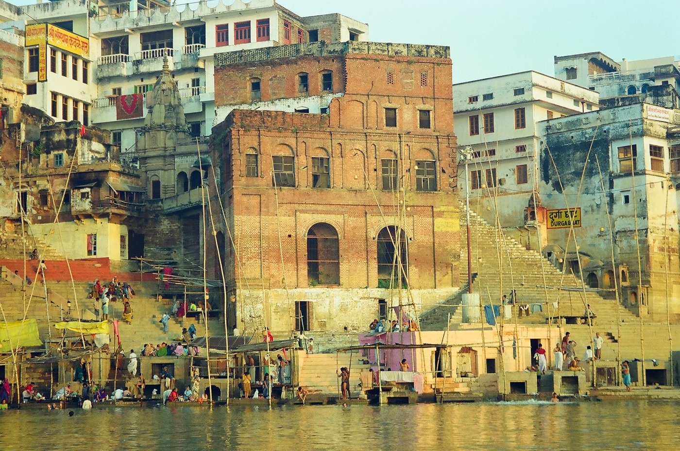 Bathing ghats on the Ganges at Varanasi, the everyday devotional life of the city Tapana Mishra made his home after Sri Chaitanya Mahaprabhu sent him there.