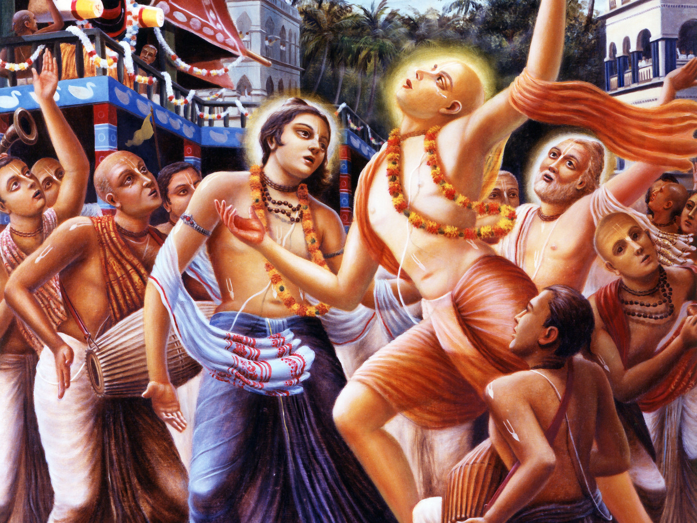Devotional painting of Sri Chaitanya Mahaprabhu dancing in ecstasy with associates during a Ratha-yatra procession at Jagannatha Puri, of the kind in which Vakresvara Pandita is recorded leading one of the sankirtana parties - used as the f