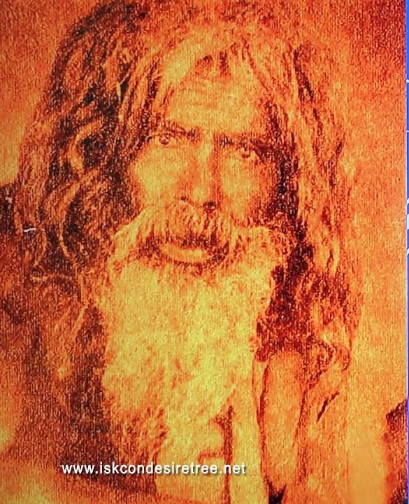 A devotional portrait/painting of an elderly matted-hair, uncut-bearded sadhu, used by Gaudiya History (ISKCON Desire Tree) to depict Sri Vamsi Dasa Babaji Maharaj in their biographical video about him; cropped from the video's own thumbnai