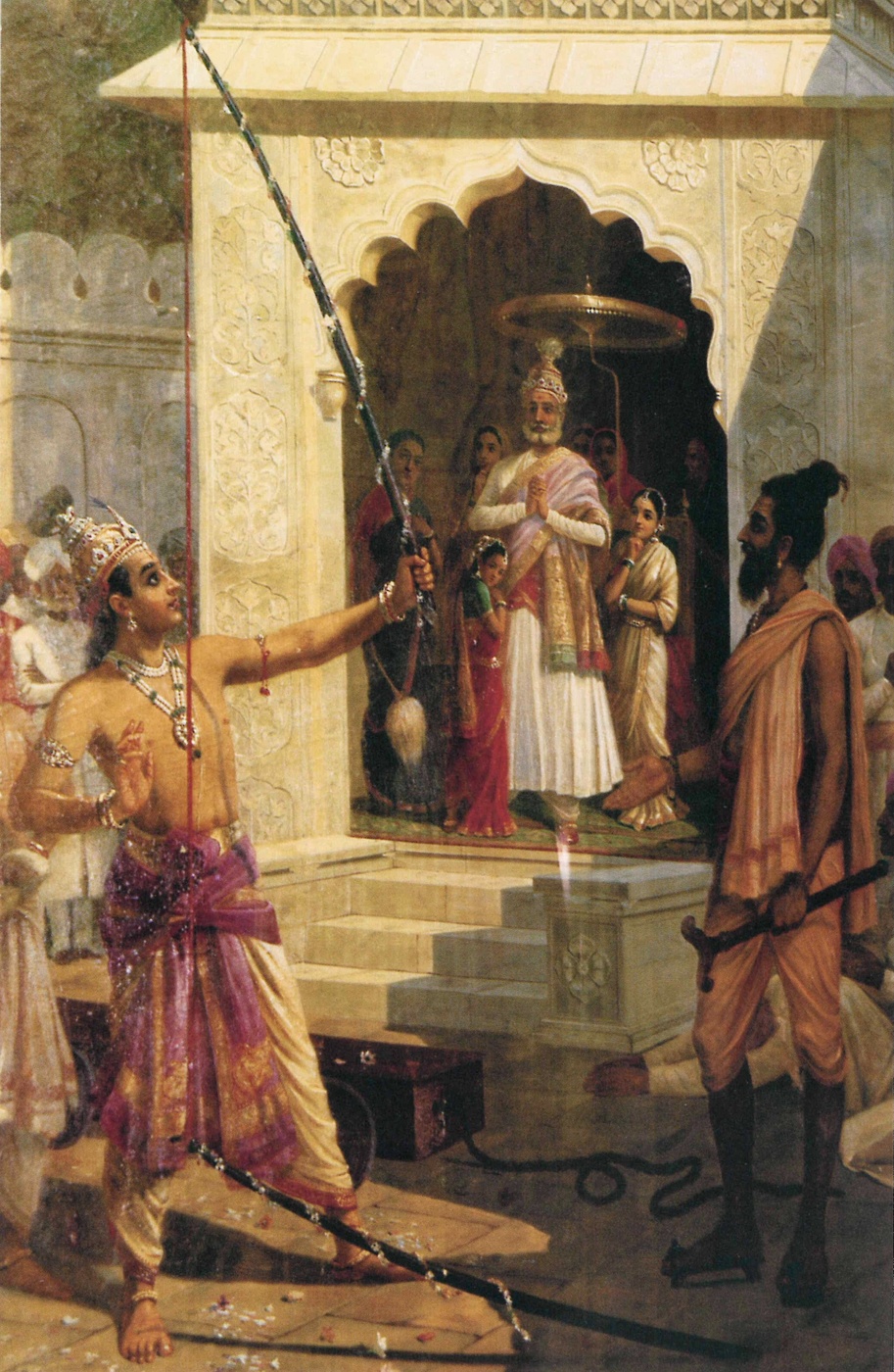 Raja Ravi Varma's painting of Rama breaking Shiva's bow to win Sita's hand, with the sage Vishvamitra (right, bearded, holding a staff) looking on - the pastime tradition, per Sri Gaura Ganoddesa Dipika and Sri Chaitanya-charitamrita's own 