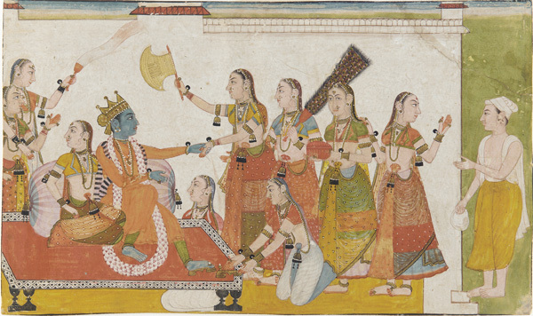 A 17th-century Pahari painting of Krishna welcoming Sudama, his impoverished brahmana friend, at his palace - the Bhagavata Purana pastime that Sri Gaura Ganoddesa Dipika identifies as Vanamali Vipra's own previous incarnation.
