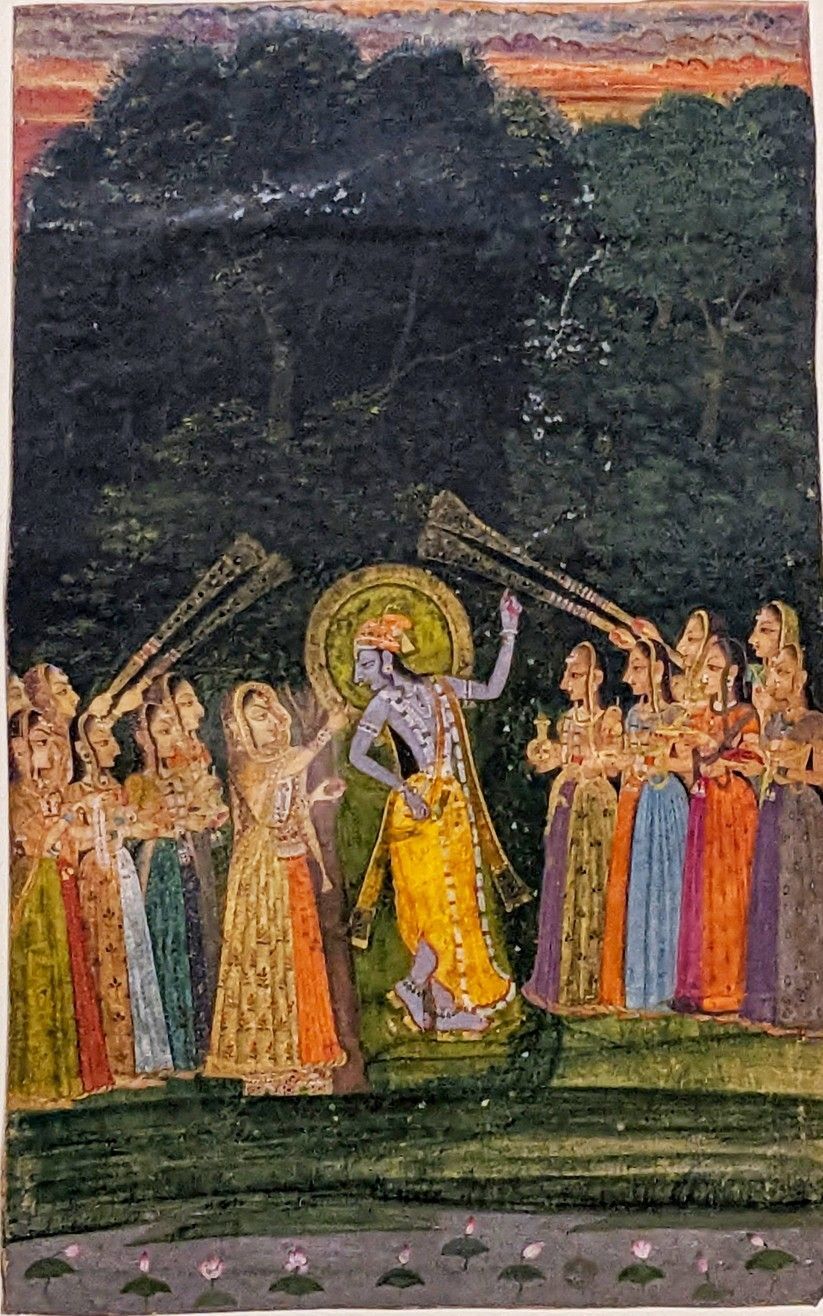 Krishna with the gopis of Vraja, a Kishangarh-school Rajasthani painting (circa 1750-1800) held at the V&A Museum, London - the intimate mood of Vraja bhakti at the heart of Mahaprabhu's conversation with Venkata Bhatta.