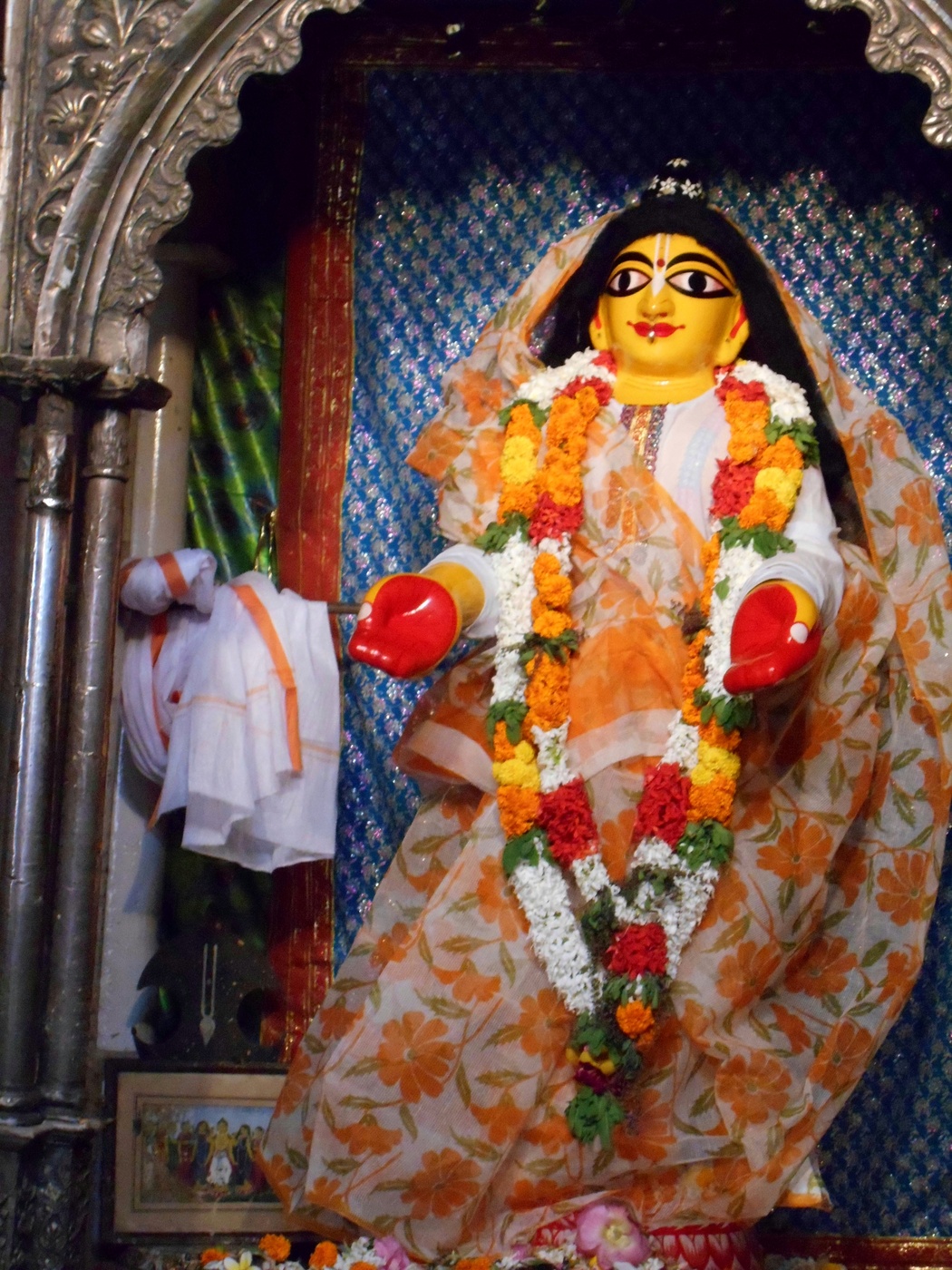 The Dhameswar Mahaprabhu Deity, the neem-wood image of Sri Chaitanya Mahaprabhu originally worshiped by Srimati Vishnupriya Devi, now served at the Sri Dhameswar Mahaprabhu Temple, Nabadwip.