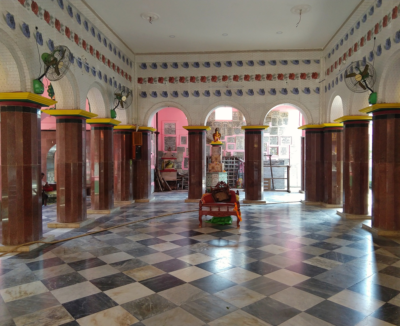 The nat-mandir (assembly hall) of the Sri Dhameswar Mahaprabhu Temple at Nabadwip, part of the temple complex still maintained by Sanatana Mishra's descendants.