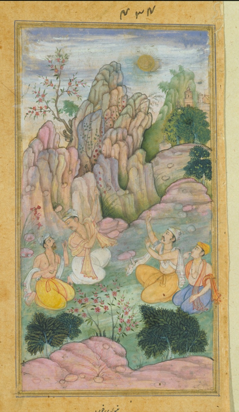 Traditional illustration of the sage Vyasa and his disciples watching Shukadeva Goswami approach like a ball of fire.