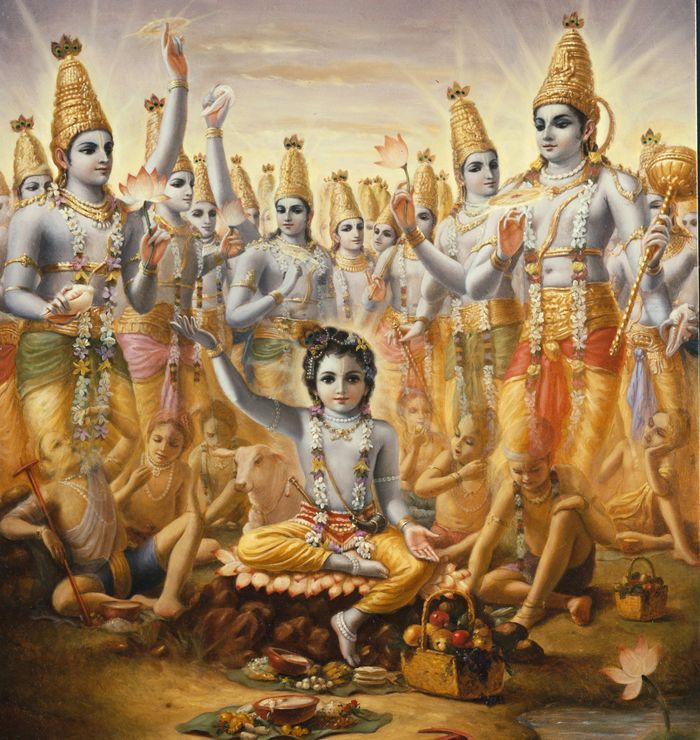 Traditional Vaishnava painting of child Krishna receiving worship from the celestial demigods